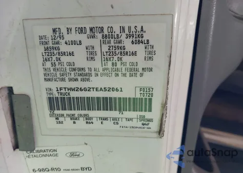 1996 Ford F250 z USA, uszkodzony, nr VIN 1FTHW26G2TEA52061